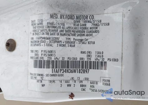 2006 Ford Focus Zx4 from USA, damaged, VIN 1FAFP34N36W182897